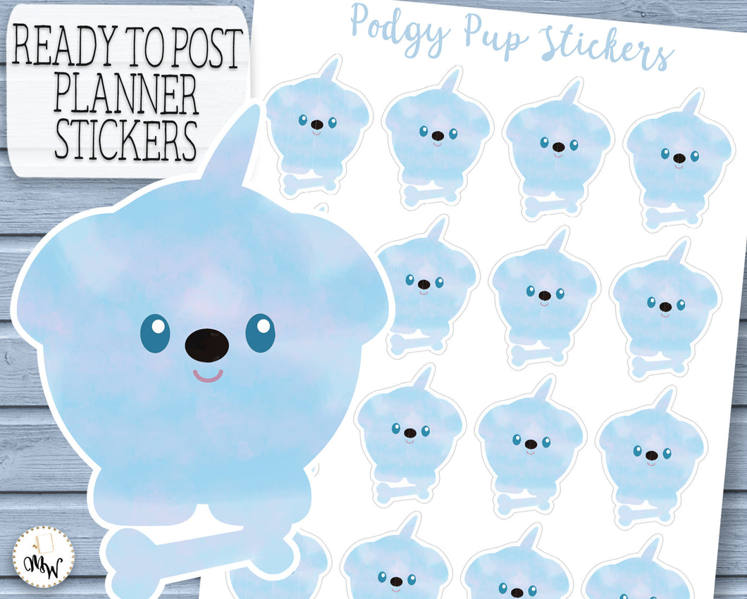 Fun Podgy Puppy Character Stickers in Watercolour Blue.