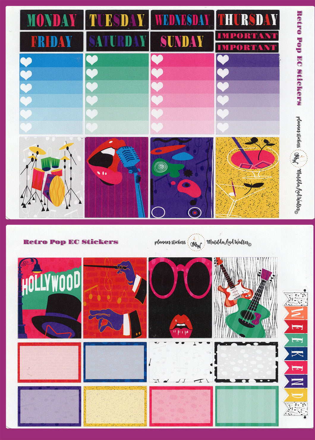 Retro Music Themed Vertical Planner Kit - Choose from Happy Planner or Erin Condren Sizes. Brightly coloured stickers with a disco theme.