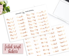 Load image into Gallery viewer, Foiled Script Stickers | Foiled BUJO Stickers | Mixed Text Planner Stickers | Rose Gold Planner Stickers | Real Foil Cursive Reminders
