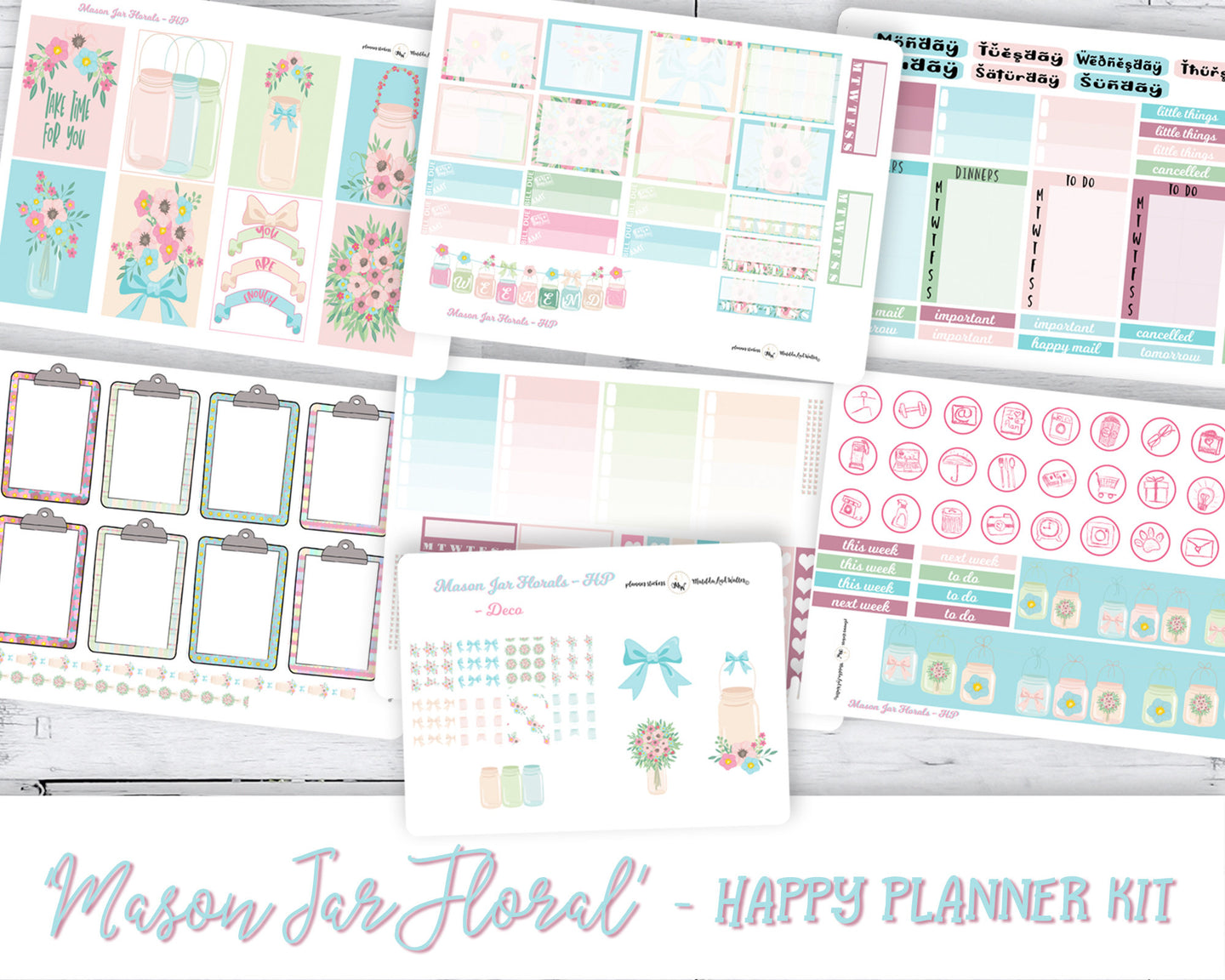 Vertical Planner Kit to fit Happy Planner and featuring Mason Jars - Pastel coloured stickers made in the UK