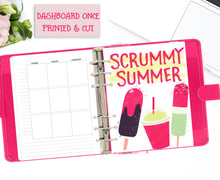 Load image into Gallery viewer, Colourful Summer Printable Planner Dashboards. A5 and B6 Sizes. Decorated with ice lollies in mint green, chocolate and shocking pink.
