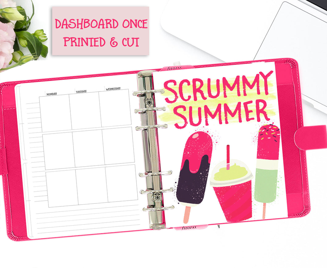 Colourful Summer Printable Planner Dashboards. A5 and B6 Sizes. Decorated with ice lollies in mint green, chocolate and shocking pink.