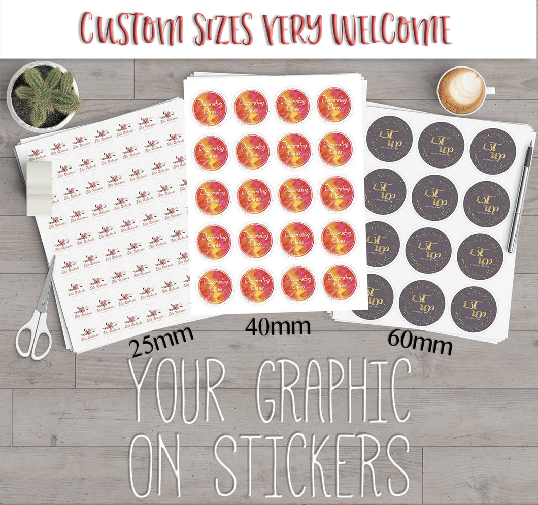 Your image or logo on sheets of round stickers handmade in the UK - Perfect to label products such as candles, beauty jars etc. or use for wedding invitations