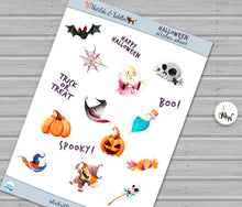 Load image into Gallery viewer, Halloween Mini Stickers for Planners and Bullet Journals | Decor Sheet with 16 Halloween Theme Stickers | Wizard Witch Cute Stickers |
