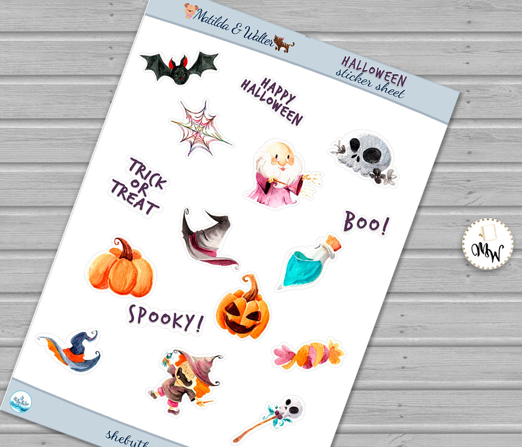 Halloween Mini Stickers for Planners and Bullet Journals | Decor Sheet with 16 Halloween Theme Stickers | Wizard Witch Cute Stickers |