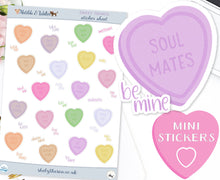 Load image into Gallery viewer, Love Hearts Stickers Sheet | Mini Text Heart Stickers | Handmade Pastel Stickers | Script Planner Deco | Sweetheart Stickers from the UK
