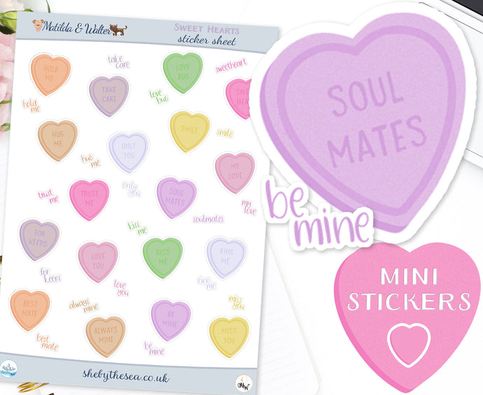 Love Hearts Stickers Sheet | Mini Text Heart Stickers | Handmade Pastel Stickers | Script Planner Deco | Sweetheart Stickers from the UK