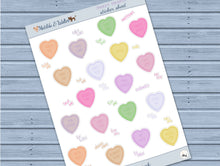 Load image into Gallery viewer, Love Hearts Stickers Sheet | Mini Text Heart Stickers | Handmade Pastel Stickers | Script Planner Deco | Sweetheart Stickers from the UK
