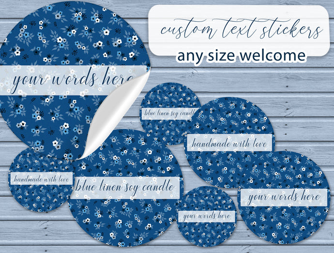 Personalised Circle Stickers, Blue Ditsy Floral Labels with a cursive font, Business Labels, Flower Text Product Label, Custom Sticker Sheet