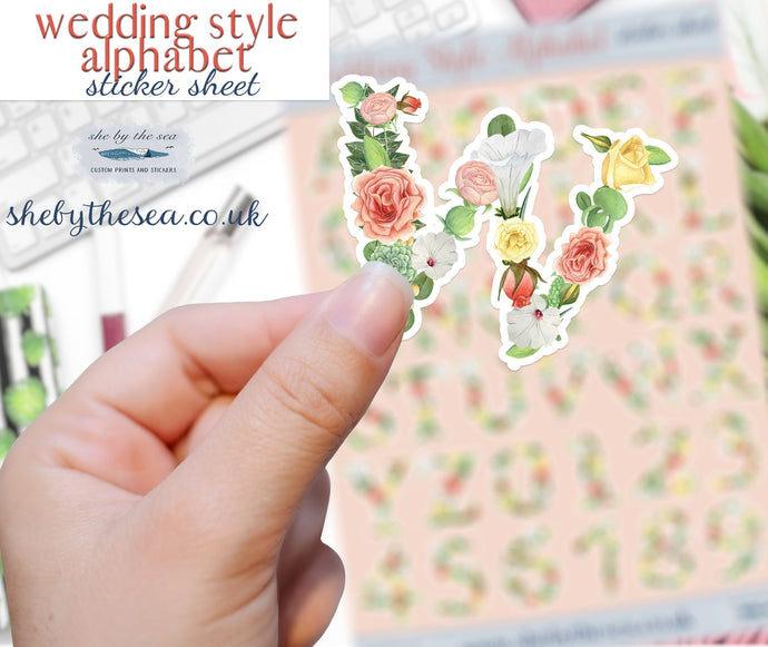 ALPHABET Stickers, Floral Wedding Style mini, Deco Pastel Flowers sticker sheet handmade in the UK, Letters and Numbers 4 Planners Journals