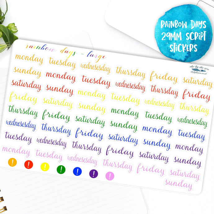 Days of the Week 29mm Script Stickers -  Monday to Sunday labels for planner or bullet journal Colours of the Rainbow. Handmade in the UK.