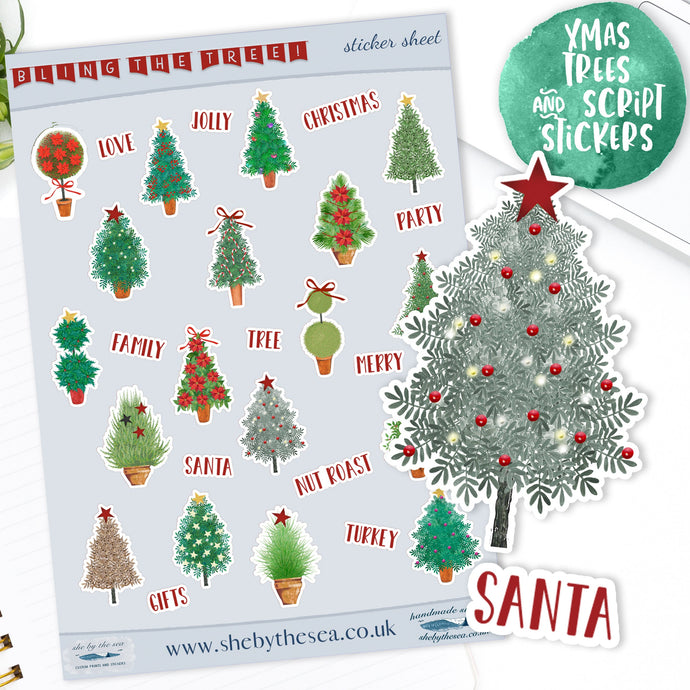 Christmas Trees Stickers Sheet, Xmas Mini Deco for journaling, Holiday stickers handmade in the UK for planners and journals