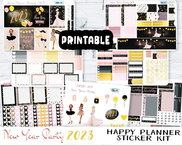PRINTABLE New Year Party Happy Planner Kit for 2023, Weekly Vertical Stickers, Fashion Girls Hen Night