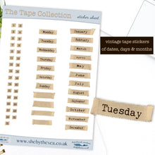 Load image into Gallery viewer, Dates Days and Month Stickers featuring vintage tape. Unique Date Dots with Bandaid appearance &amp; typewriter script. Unusual Month Markers
