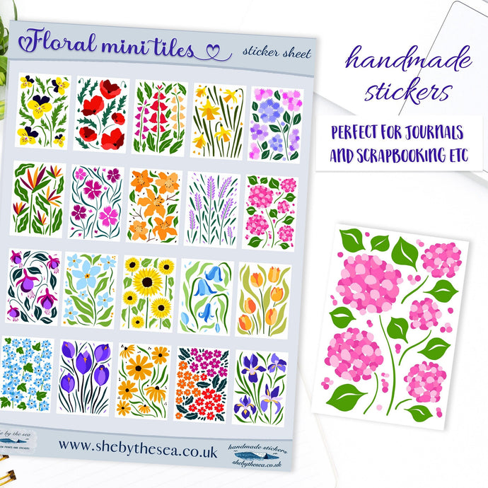 Flower Stamps Stickers sheet. Mini floral artworks, decals deco for bullet journals. Tiny tiled stickers of English garden floral sprays.
