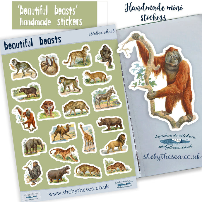 Safari Animal Sticker Sheet. Mini stickers of wild animals perfect for kids, tiger lion, monkey ape, zebra giraffe. Handmade in the UK.