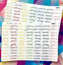 Load image into Gallery viewer, Months of the Year Stickers, 29mm rainbow coloured labels, 84 cursive script planner stickers, seven lines of months, handmade in UK
