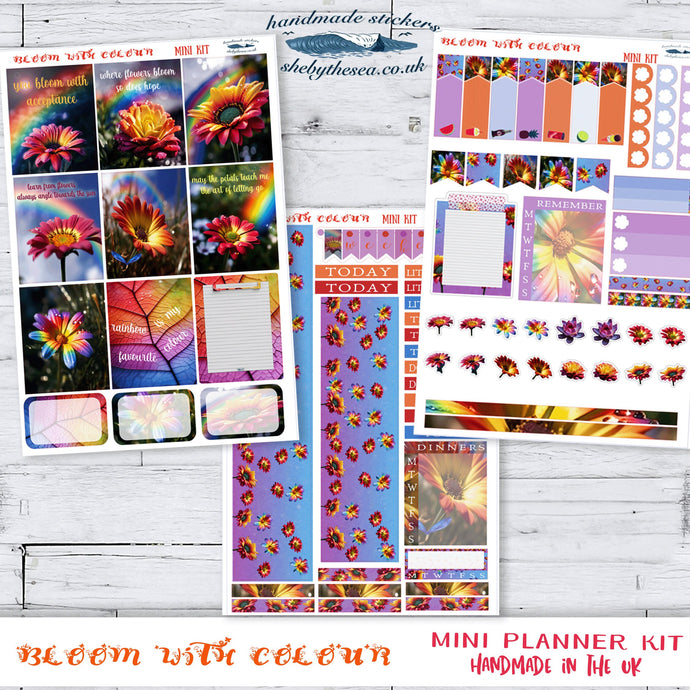Floral Mini Vertical Planner Kit with flower photos and quote full boxes. Extension Washi included. Planner stickers handmade in the UK