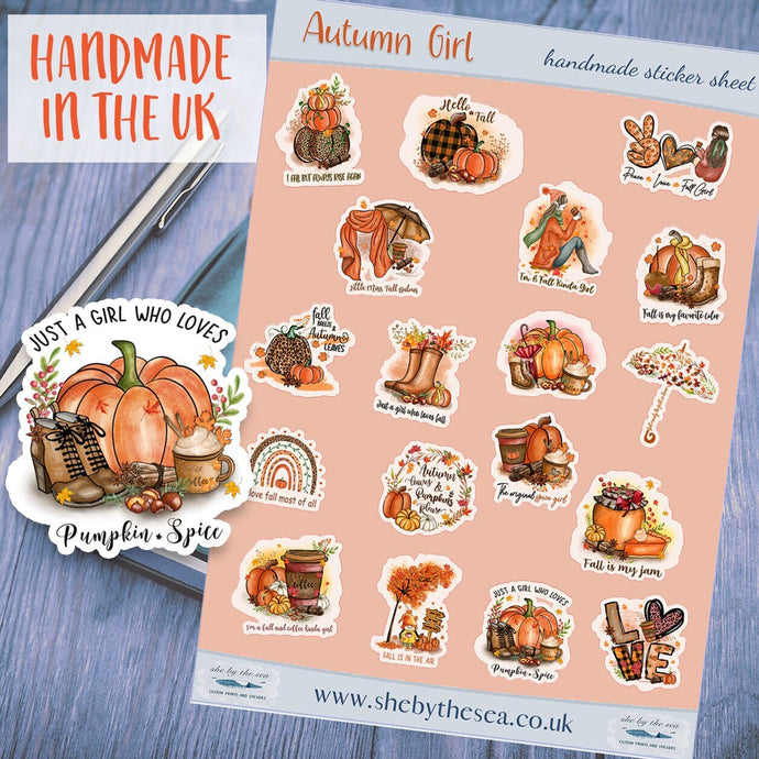Autumn Fall mini sticker sheet, for a fall kinda girl. Quotes and gorgeous artwork. Journal stickers for bullet lists. Handmade in the UK.