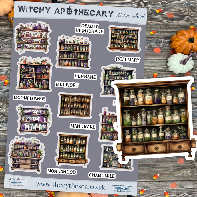 Mini Witch Stickers of Apothecary Cabinets, text stickers of witchcraft spell magical plants, witch's garden, Henbane Mugwort, made in UK