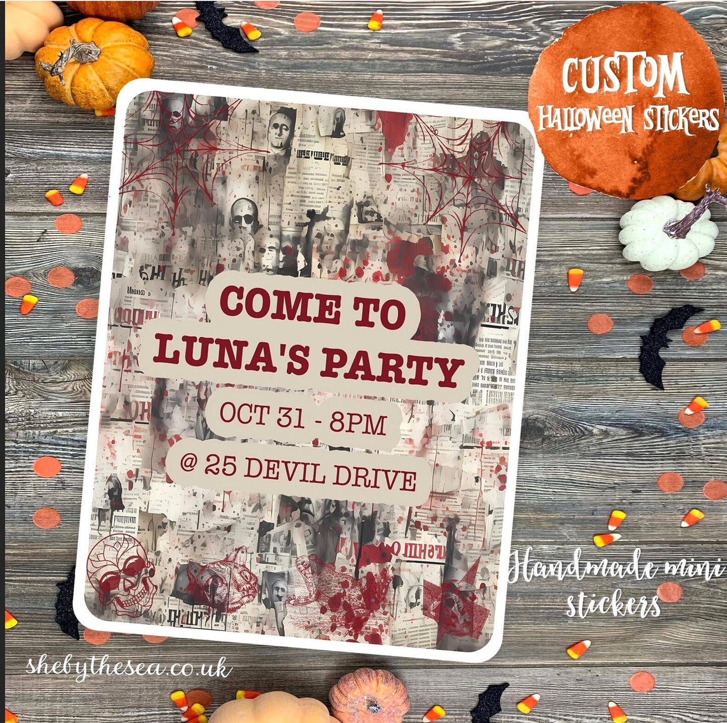 Personalised Halloween Glossy Stickers with gory bloody newspaper design. Stick on student laptops/lockers for surprise party invitation!