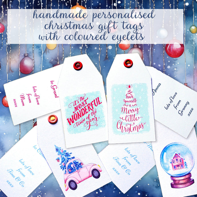 Personalised Christmas Gift Tags, Pack of 12 Custom Swing Tag with Coloured Eyelets, DOUBLE SIDED Gift Label with your choice of text
