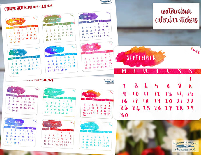 Calendar Mini Stickers for 2024, Planner Monthly Page Stickers for Year, Diary or Journal 12 Month Watercolour Labels