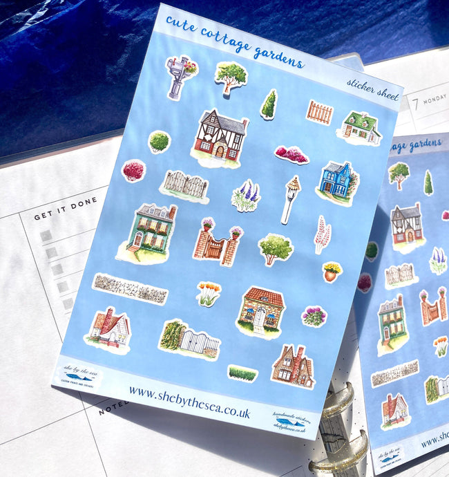 Village Cottages Stickers, make your own English countryside scene, planner deco for journal/scrapbook, Sticker sheet handmade in the UK
