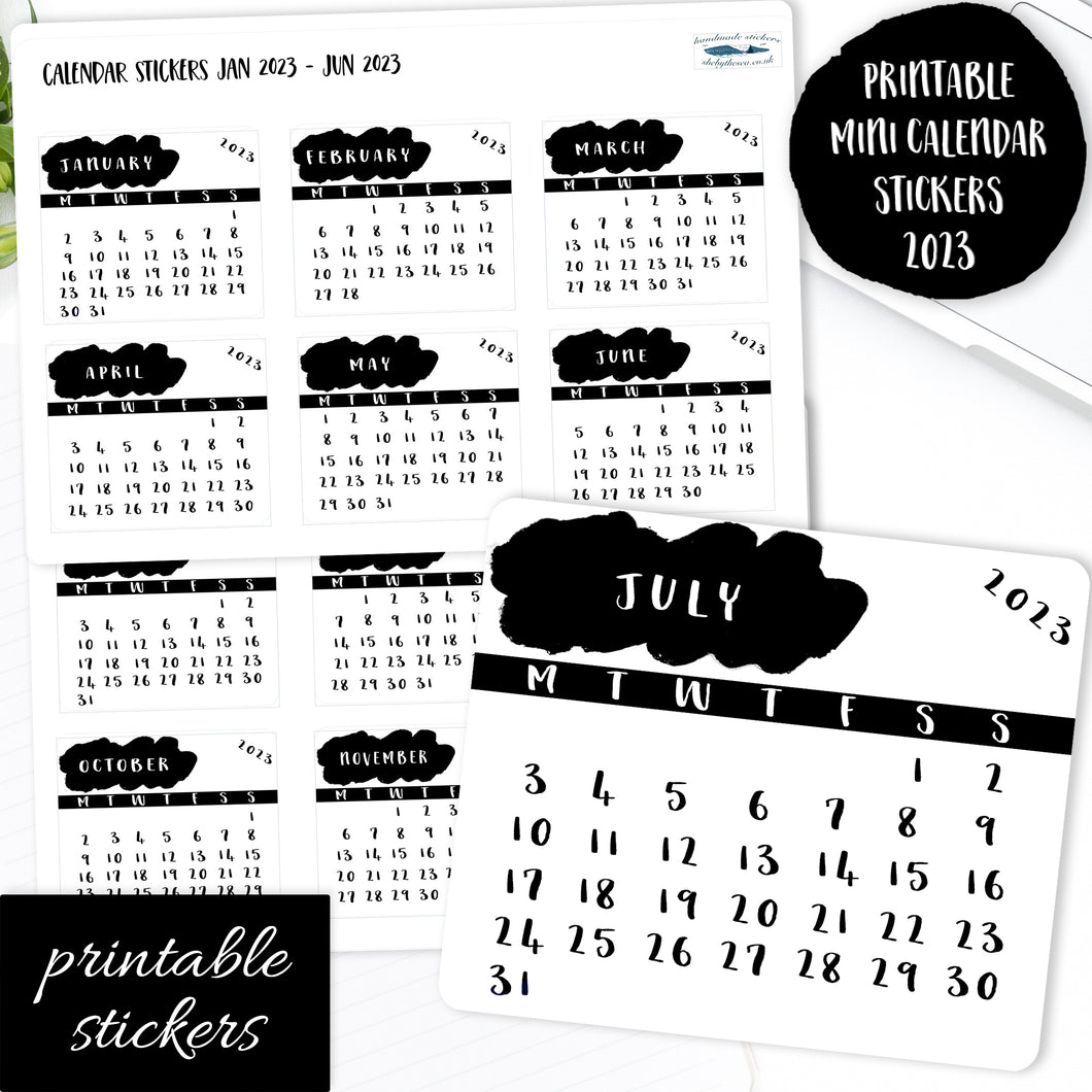 Black & White Mini Calendar Stickers 2023 - Full year of monthly stickers for Planners and Journals.