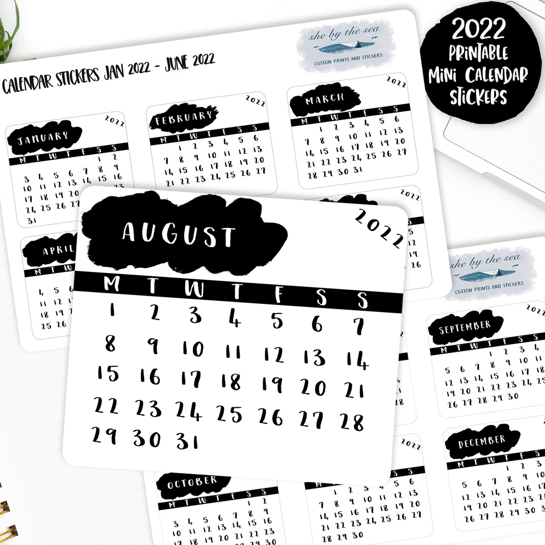 Printable Mini Planner Calendars 2023 Black and White, Mono Diary Stickers, Both A4 & Letter Size Sheets, Instant Download for Planners & Journals