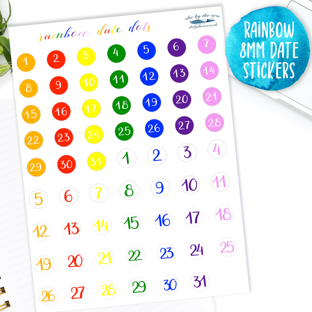 Rainbow Date Dots -  Dated round stickers for your planner or bullet journal. Handmade in the UK