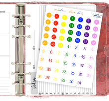 Load image into Gallery viewer, Rainbow Date Dots -  Dated round stickers for your planner or bullet journal. Handmade in the UK
